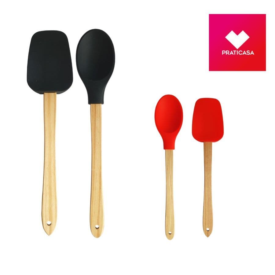 Kit Colher e Espátula de silicone cabo de bambu 2 peças Praticasa