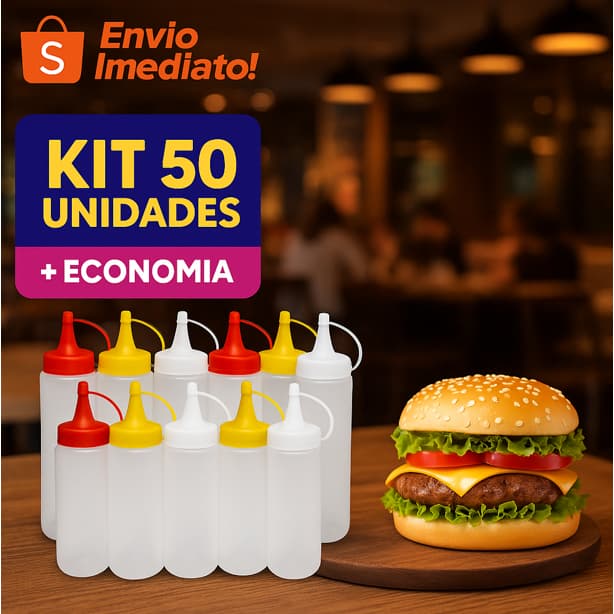 Kit 50 Bisnagas Molho Catchup Maionese Mostarda Bisnaga 200ml Lanchonete Bar Restaurante Plástico