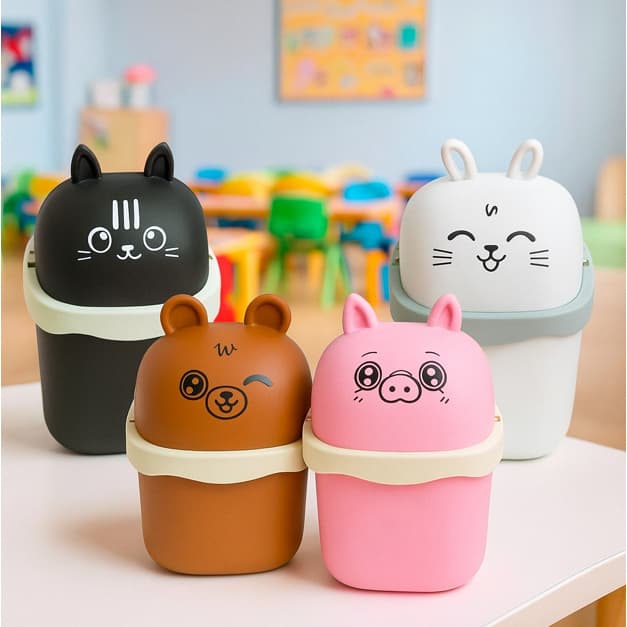Lixeira Decorativa 1,5 Litros com Urso, Coelho e Gato - Ideal para Banheiros Pia e Escritórios