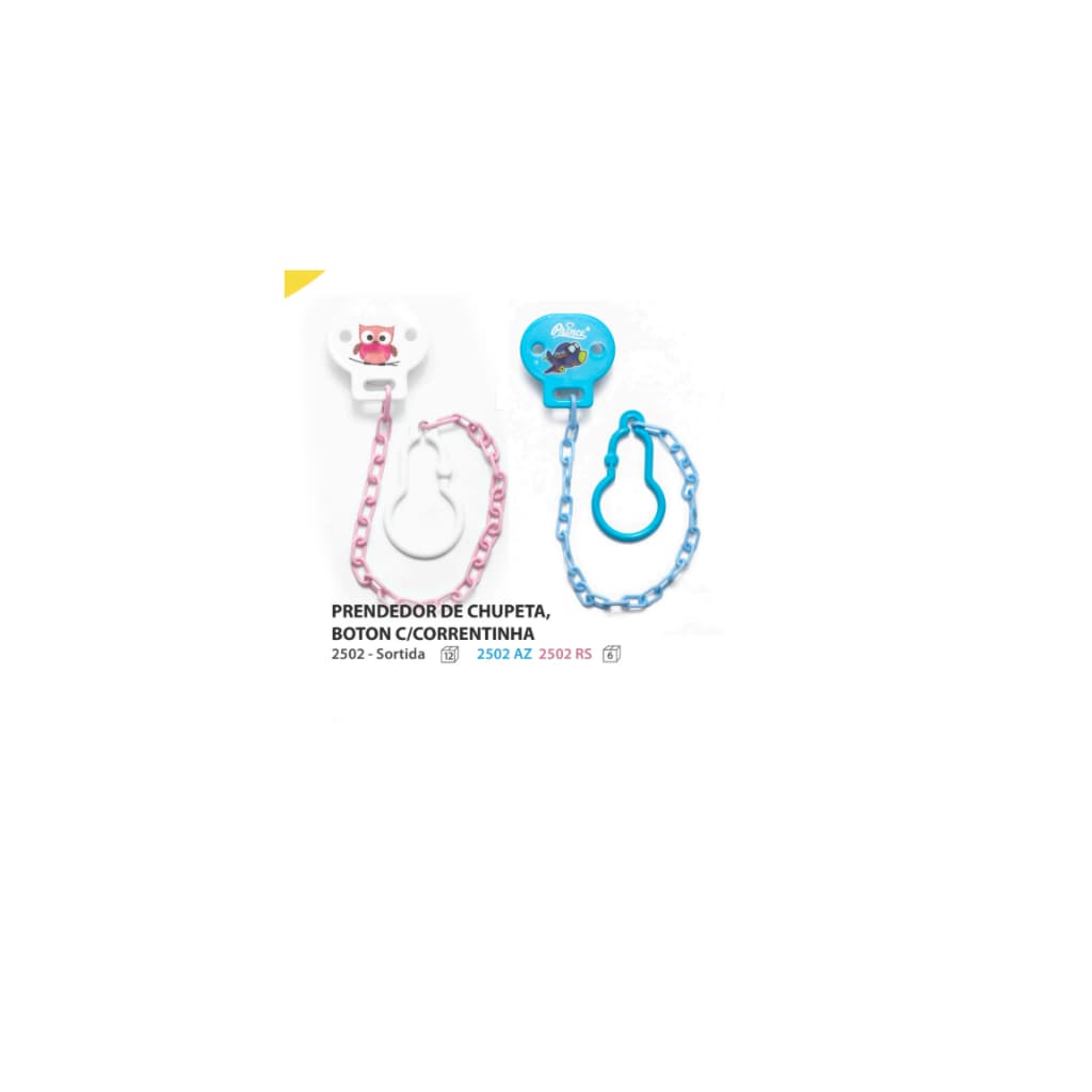 PRENDEDOR DE CHUPETA E BOTON COM CORRENTINHA PRINCE CORES AZUL OU ROSA