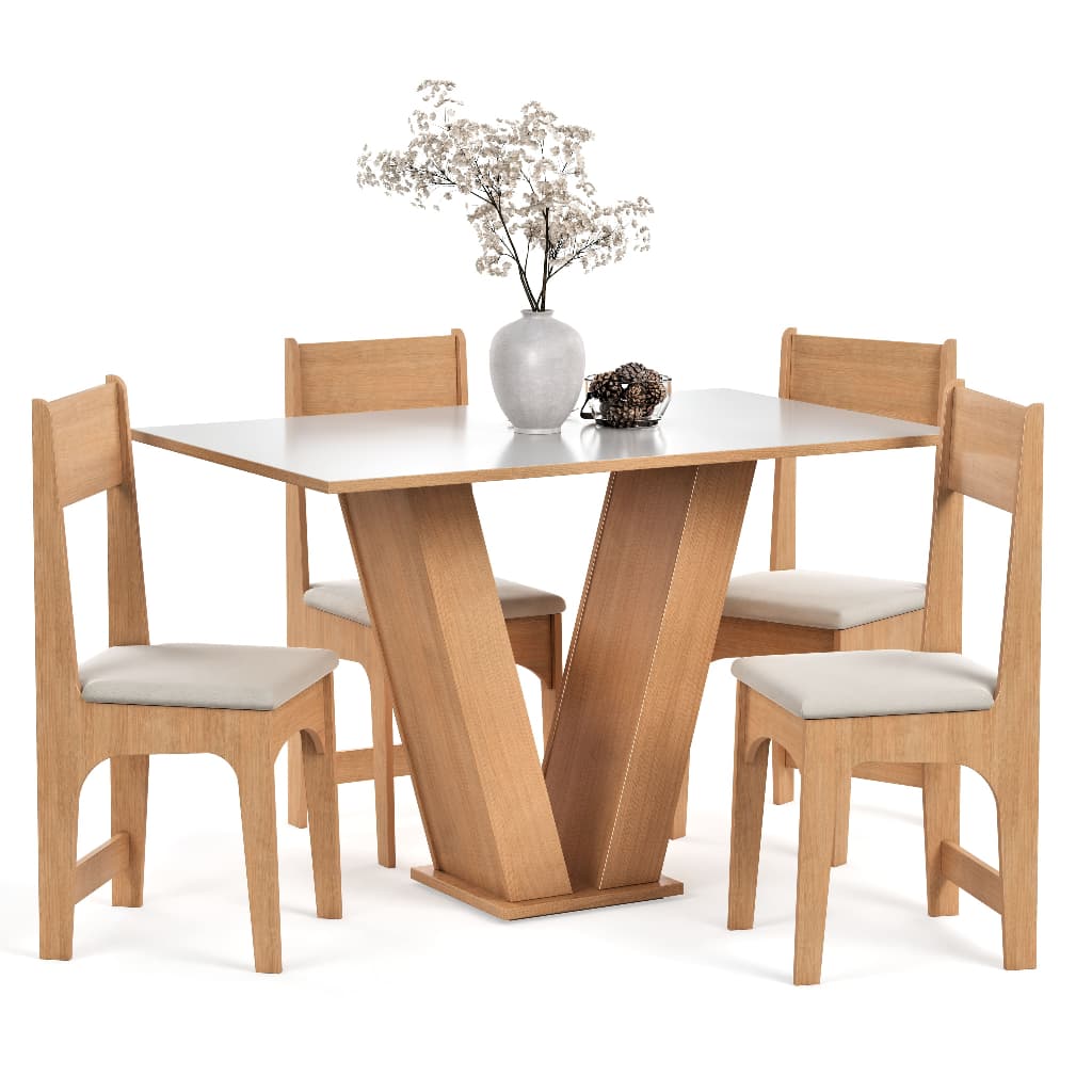 Conjunto Sala de Jantar Completa 4 Lugares Cadeiras Estofadas Mesa Vivi Compacto Para Cozinha Tampo Semelhante Vidro
