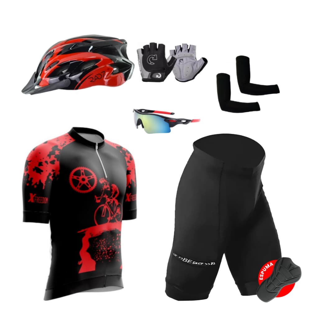 Kit Conjunto Ciclismo Camisa Proteção UV Bermuda C/ Forro + Capacete Ciclismo + Luva + Óculos + Manguito