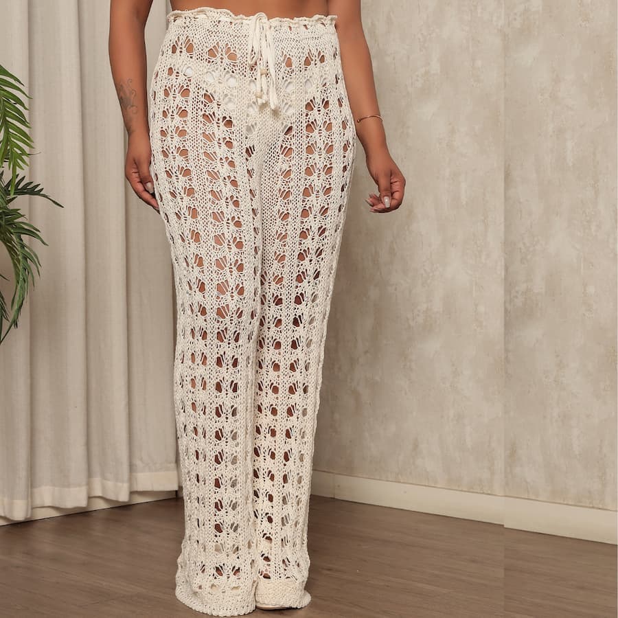 Calça Saída de Praia Plus Size Crochê Tricot Feminina Moda Praia Blogueira