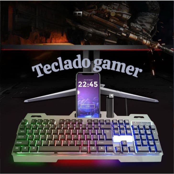 Teclado com fio USB RGB Com Led Com Suporte Para Celular Teclado Metal e Mouse Gamer Lehmox LEY-2078