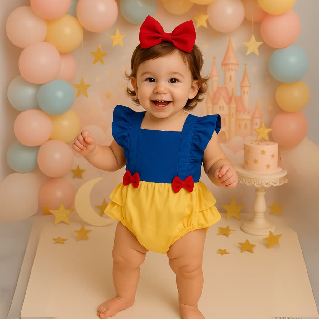 Romper Bebê Macaquinho Branca de Neve Brinde Laço Fotográfia Bunda Rica