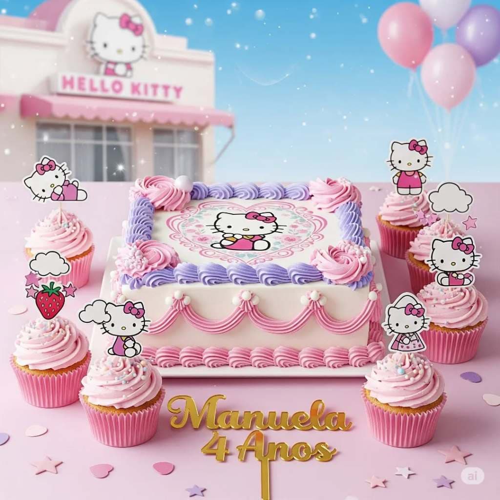 Kit topper de bolo com papel arroz personalizado e  mini topper de docinhos Hello Kity