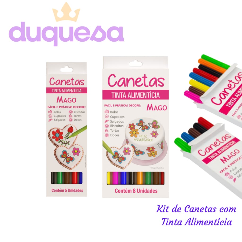 Kit Caneta Alimentícia Mago para Doces Pasta Americana Biscoitos Bolos - 5 CORES OU 8 CORES
