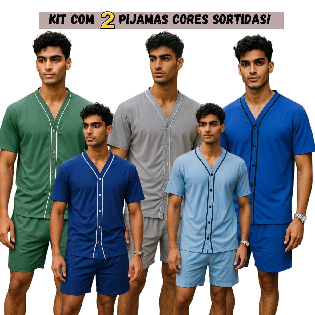 Kit 2 Pijamas Masculino pos Cirúrgico Aberto com botões em malha Cores Sortidas