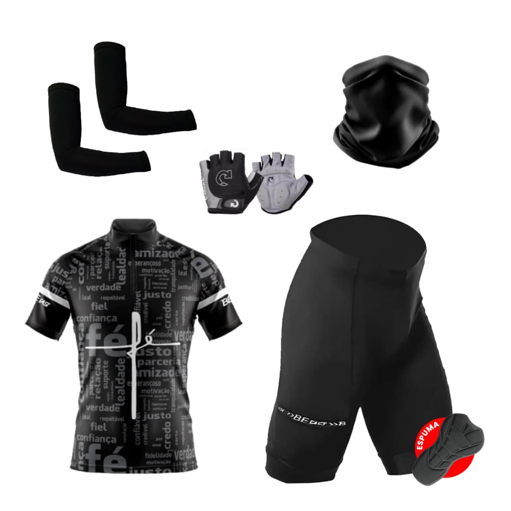Kit Conjunto Ciclismo Camisa Proteção UV Bermuda C/ Forro + Luva Ciclismo + Manguito + Bandana