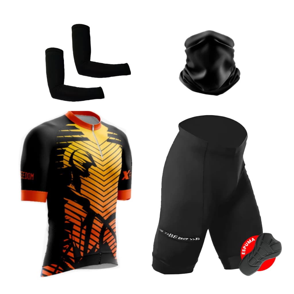 Kit Conjunto Ciclismo Camisa Proteção UV Bermuda C/ Forro + Manguito Proteção UV + Bandana