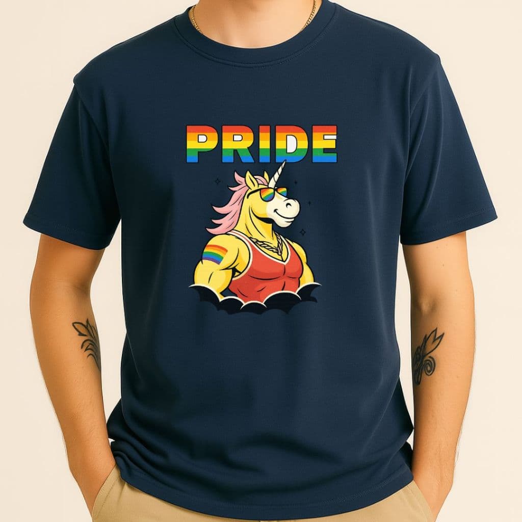 Camiseta PRIDE Unicórnio Musculoso | T-shirt LGBTQIAPN+ Estampa Divertida e Colorida
