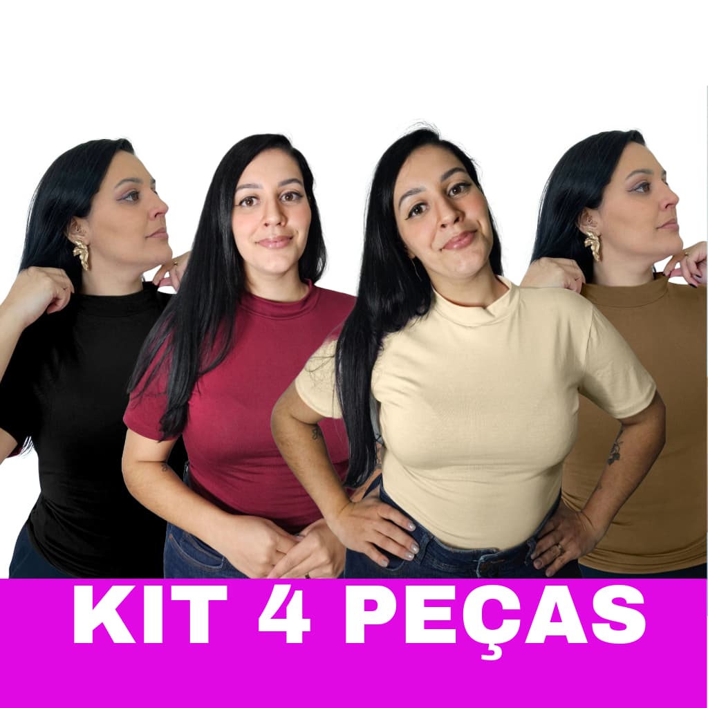 Kit 4 Blusas Plus Size T-Shirt Feminina Baby Look Gola Alta Cacharrel Viscolycra Elegância Conforto