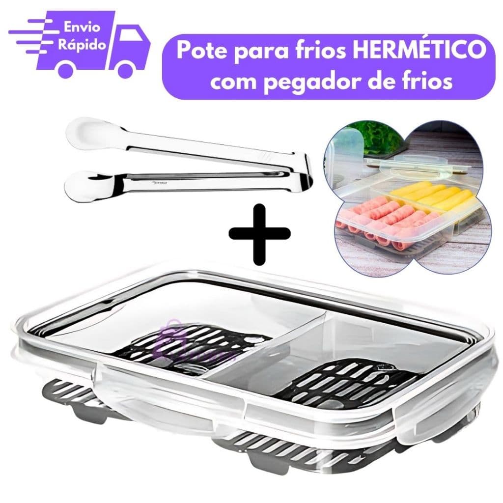 Pote Hermético Porta Frios Com Escorredor Tampa Trava 2 Divisórias Retangular + Pegador de Frios Inox