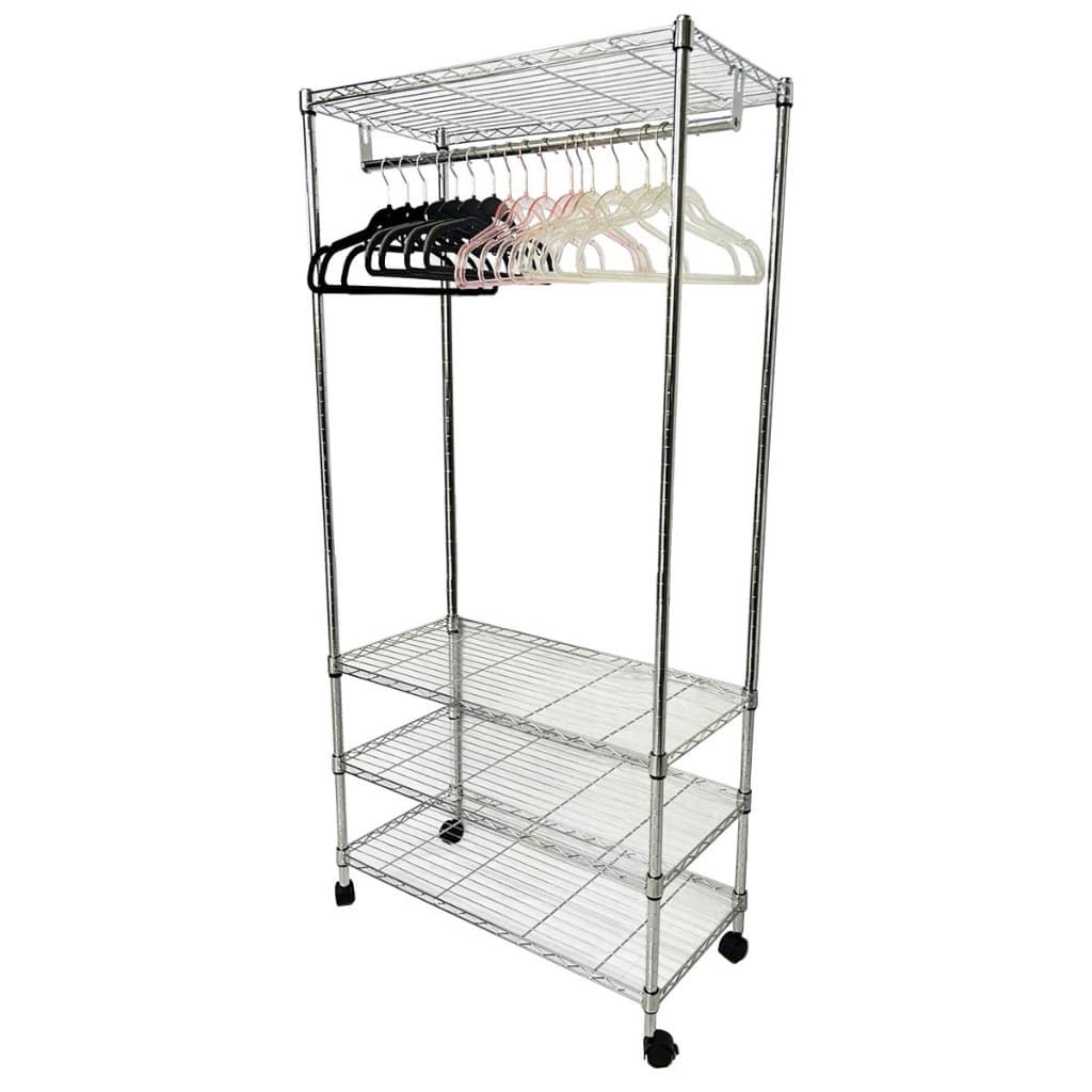 Estante Organizadora Closet Ajustável Aço Inox 4 Prateleiras Com Cabideiro e Rodízios