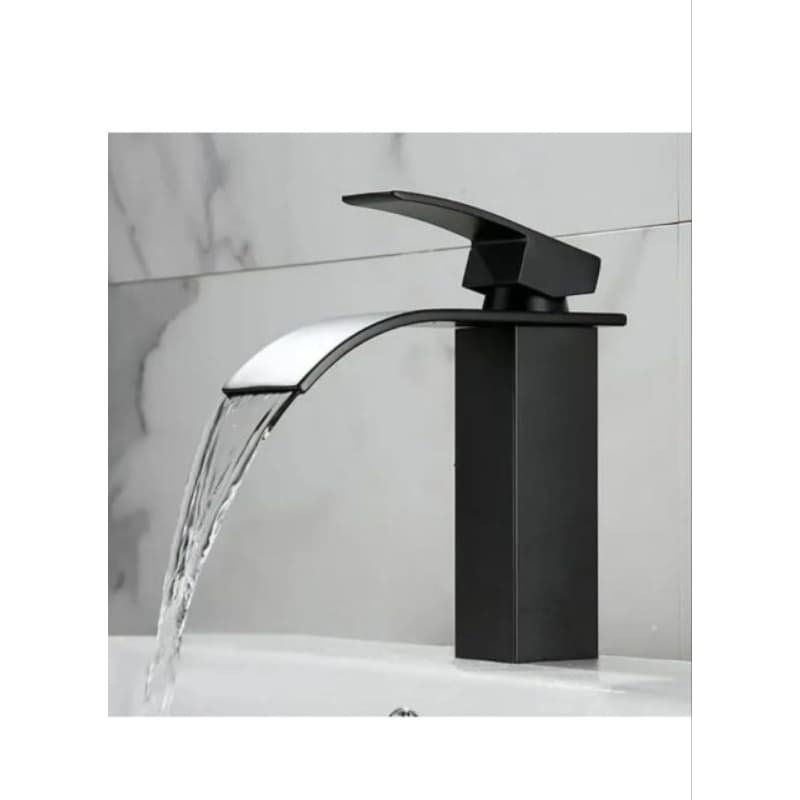 Torneira Para Banheiro Monocomando Baixa Quadrada Cascata， Eficiente em termos de água e limpo,Preto Curto