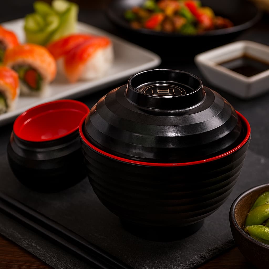 Tigela De Melamina Redonda Japonesa Com Tampa 300ml