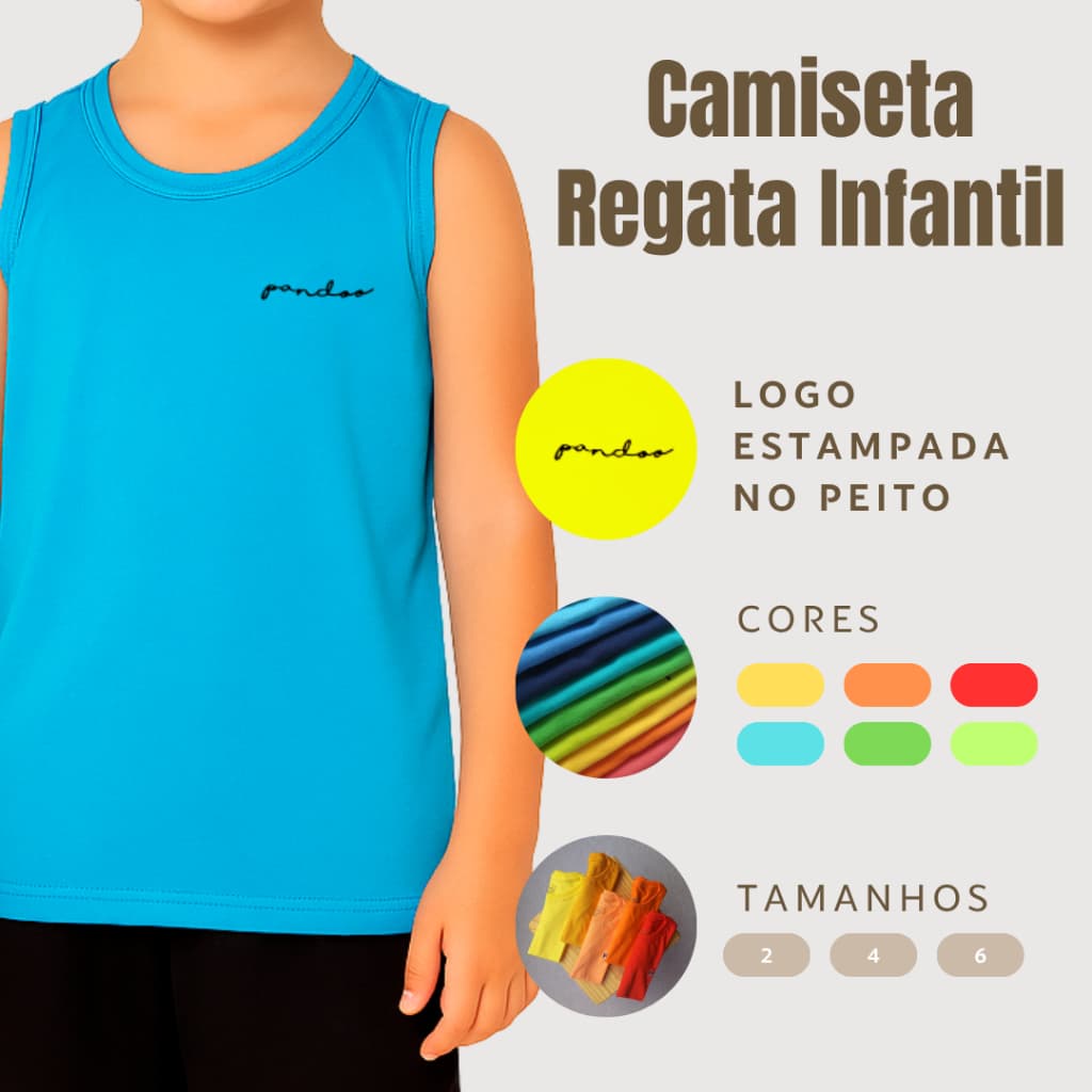 Camiseta Regata Infantil Lisa Básica Escolar, 100% Algodão, Malha Fio 30 Penteada Menino 2 à 6 Anos.