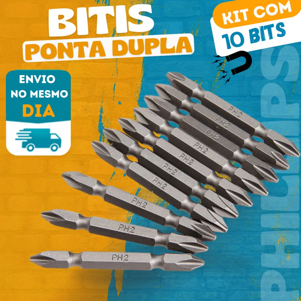 KIT Bits Com 10 Ponteiras Phillips Pontas Duplas Magnéticas Parafusadeira Ponta Ímã Aço Resistente