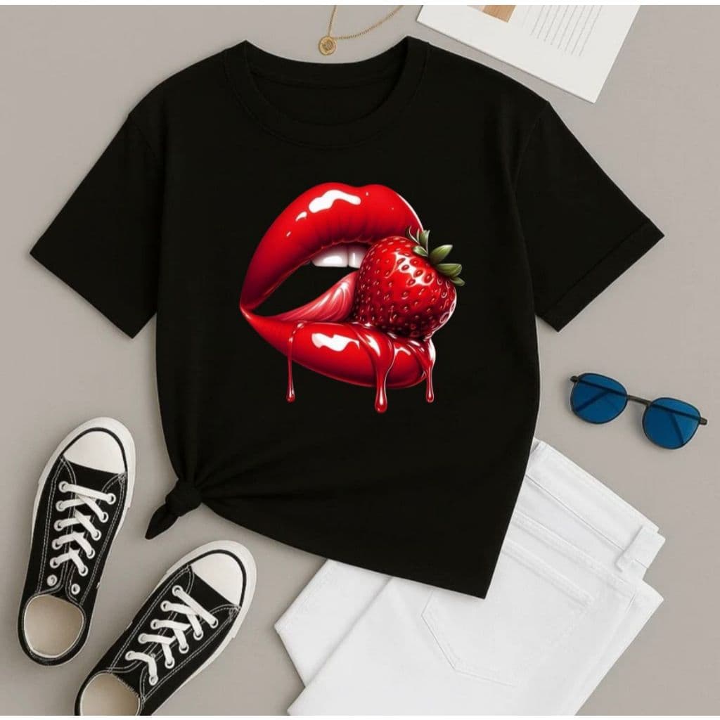 Camiseta Feminina Camisa T-Shirt Casual Para Dia a Dia Festa Lazer Estampada Boca com Morango Confortável 100% Algodão