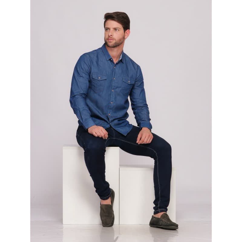 Camisa social jeans Manga longe masculina lisa com bolso importado