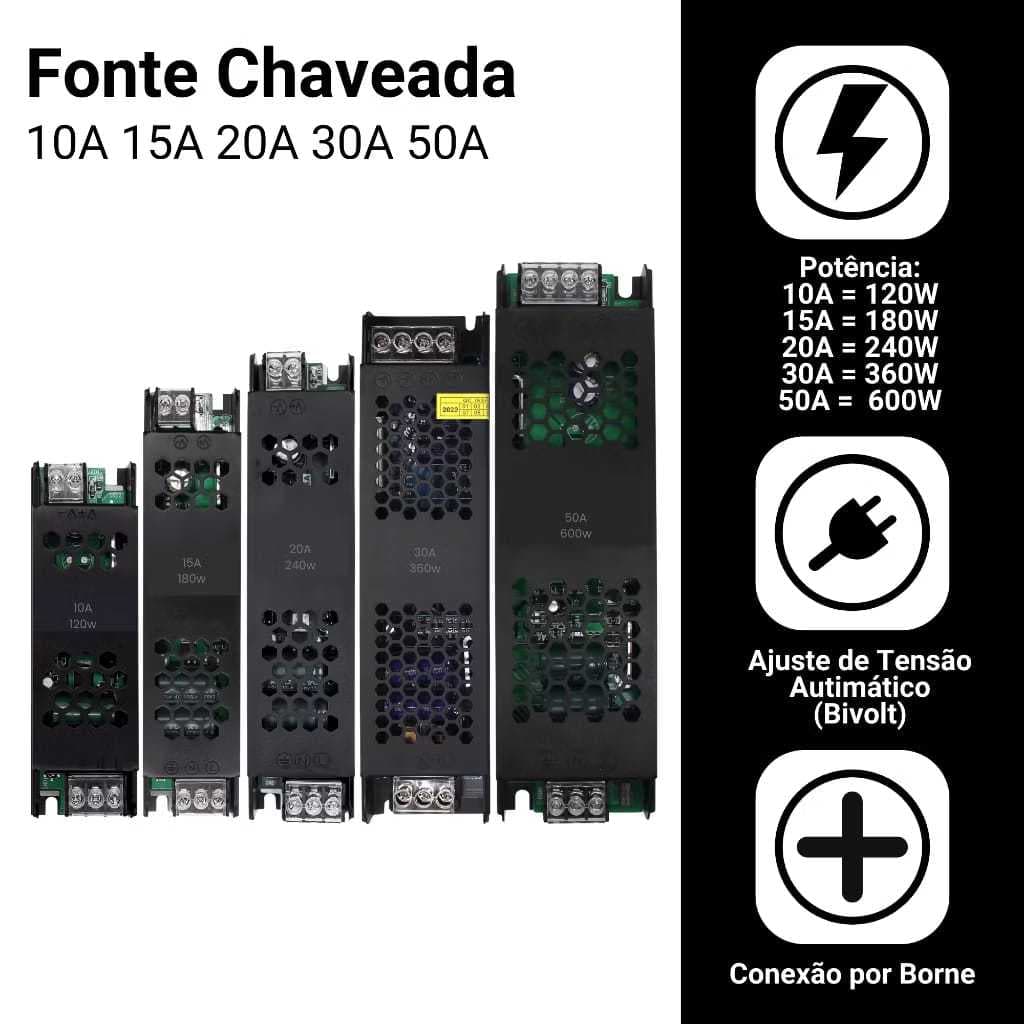 Fonte Chaveada 12v/24v 5A|10A|20A|30A|50A Capa Preta P/ Cftv Fita Led Som Automotivo Bivolt