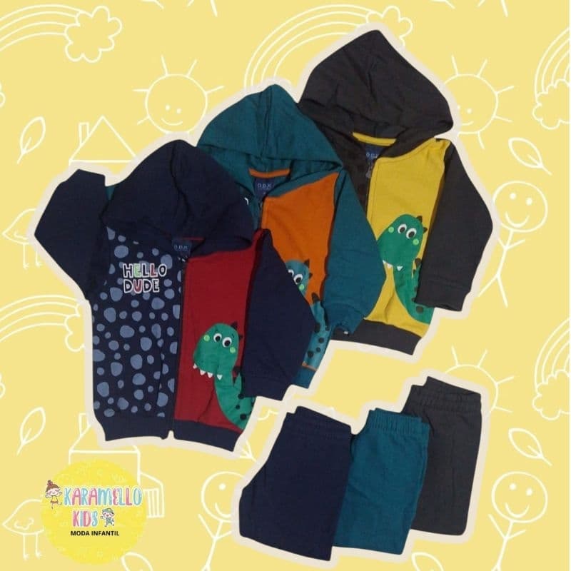 Conjunto moletom de calça com jaqueta com zíper e capuz e com punhos na calça e mas mangas da jaqueta tam 1 ao 3 anos