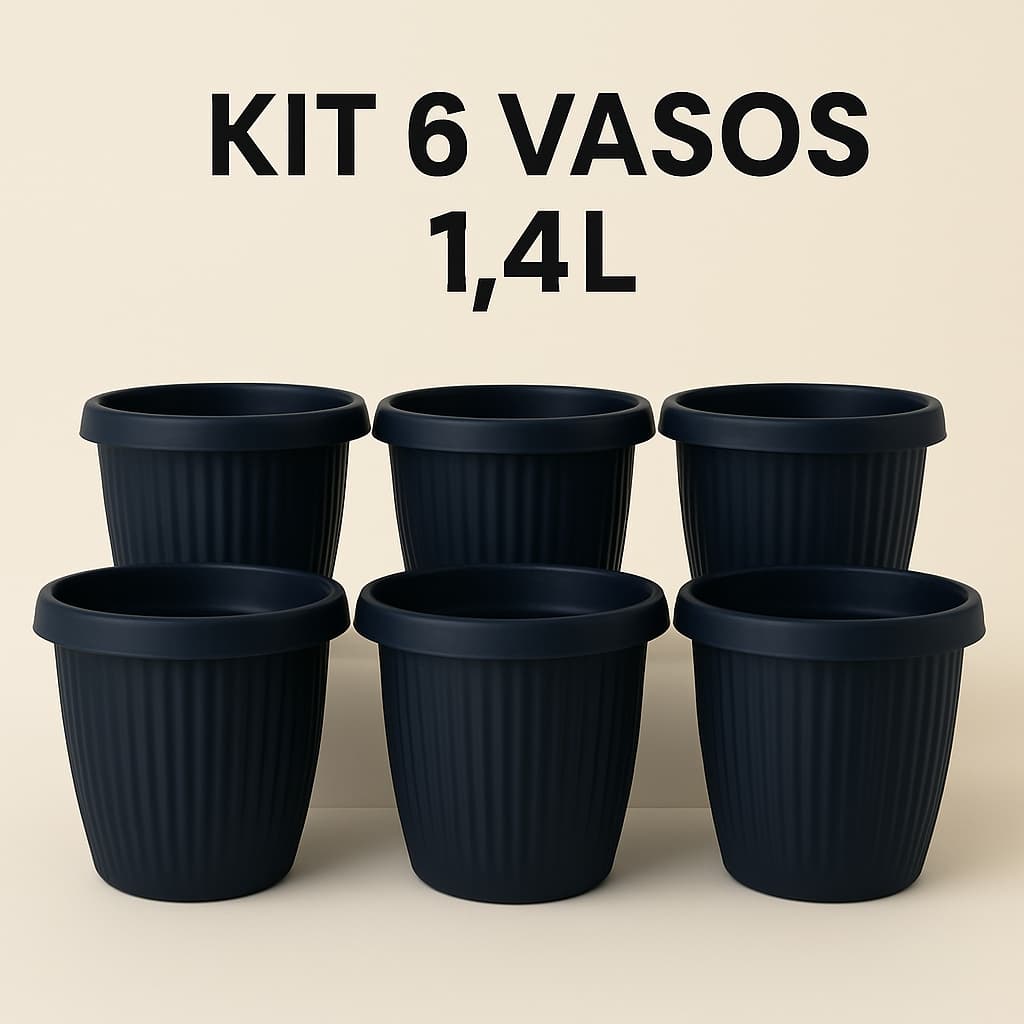 KIT COM 6 Vasos de Plástico 1,4L Pequeno Moderno Decorativo para Plantas e Flores - Cinza Concreto | Preto