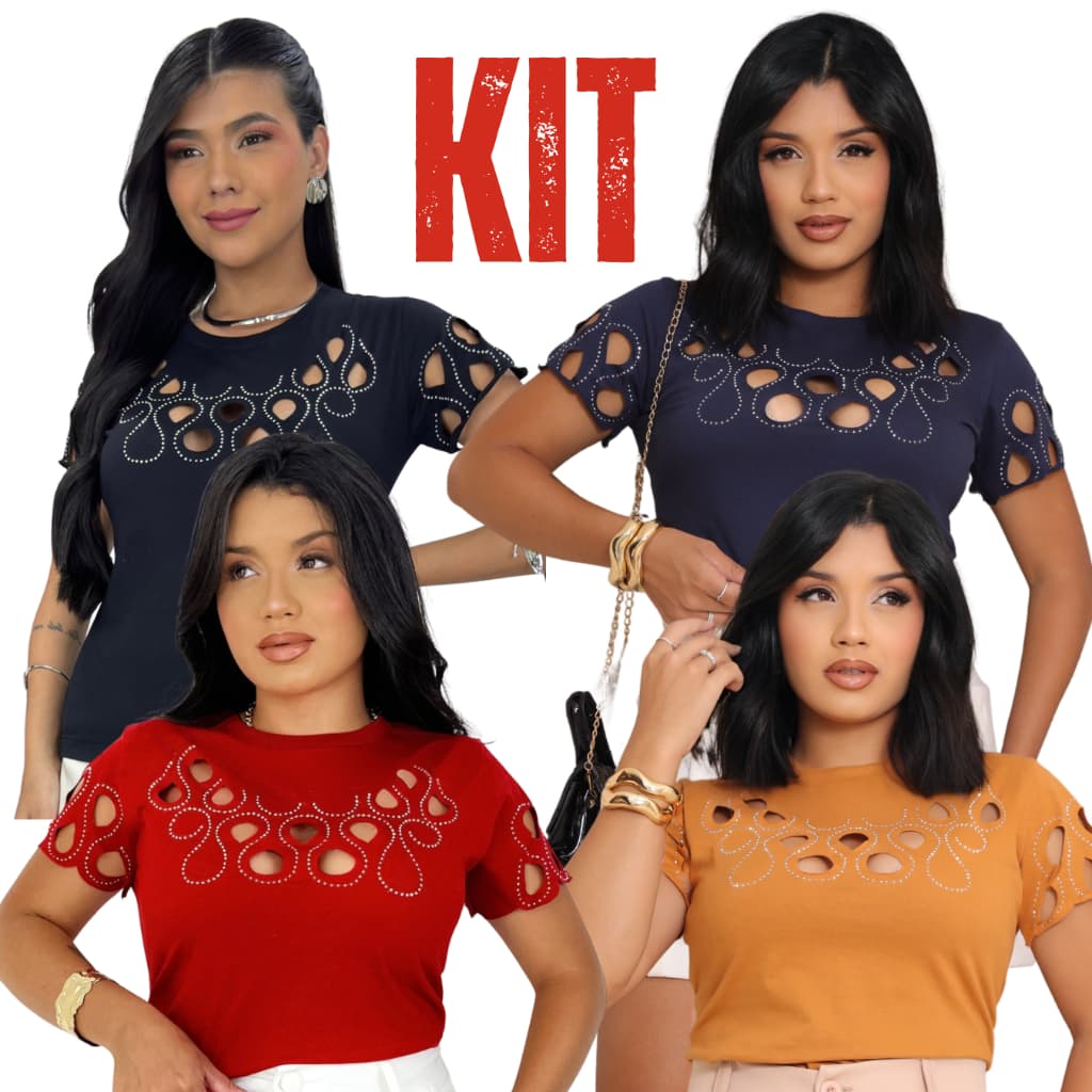 Kit 2 Blusas Corte a Laser com Strass Frontal em Algodão Premium P ao G2