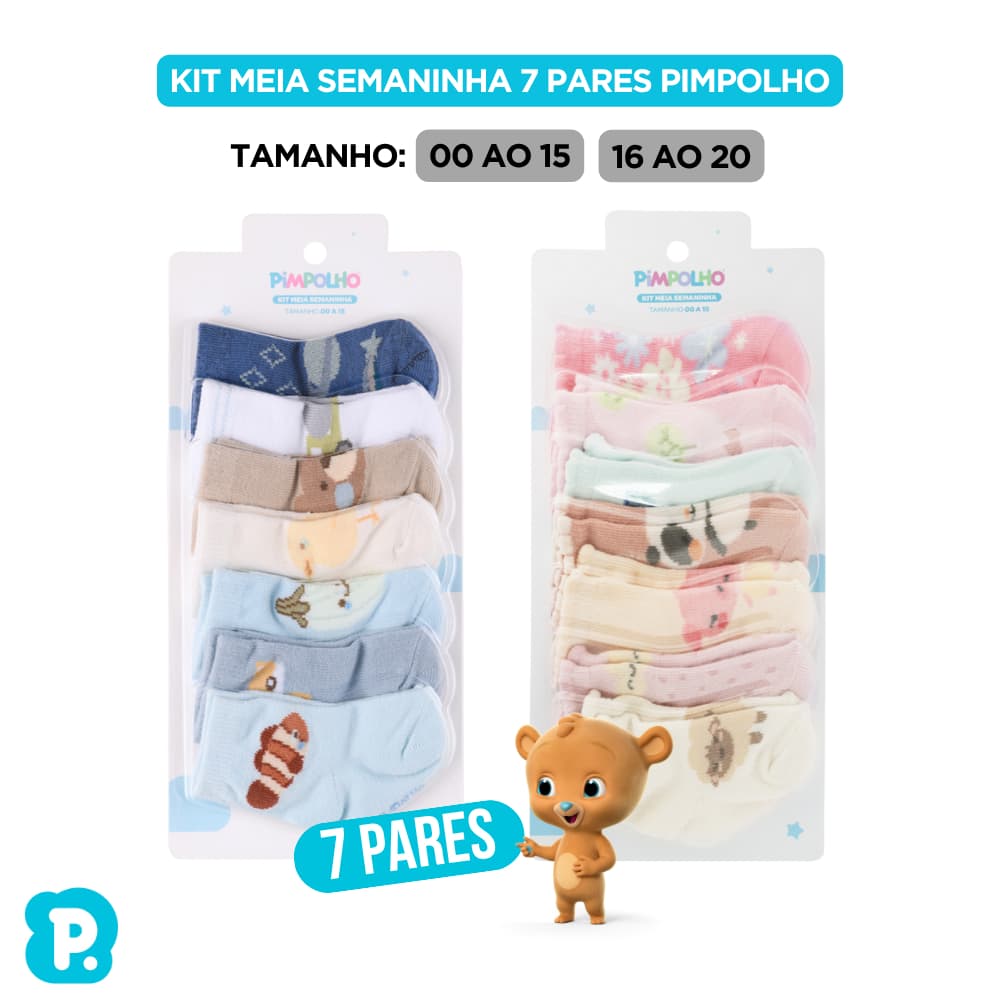 Kit Meia Semaninha 7 Pares 00 ao 15 Bebê Menino Menina Pimpolho