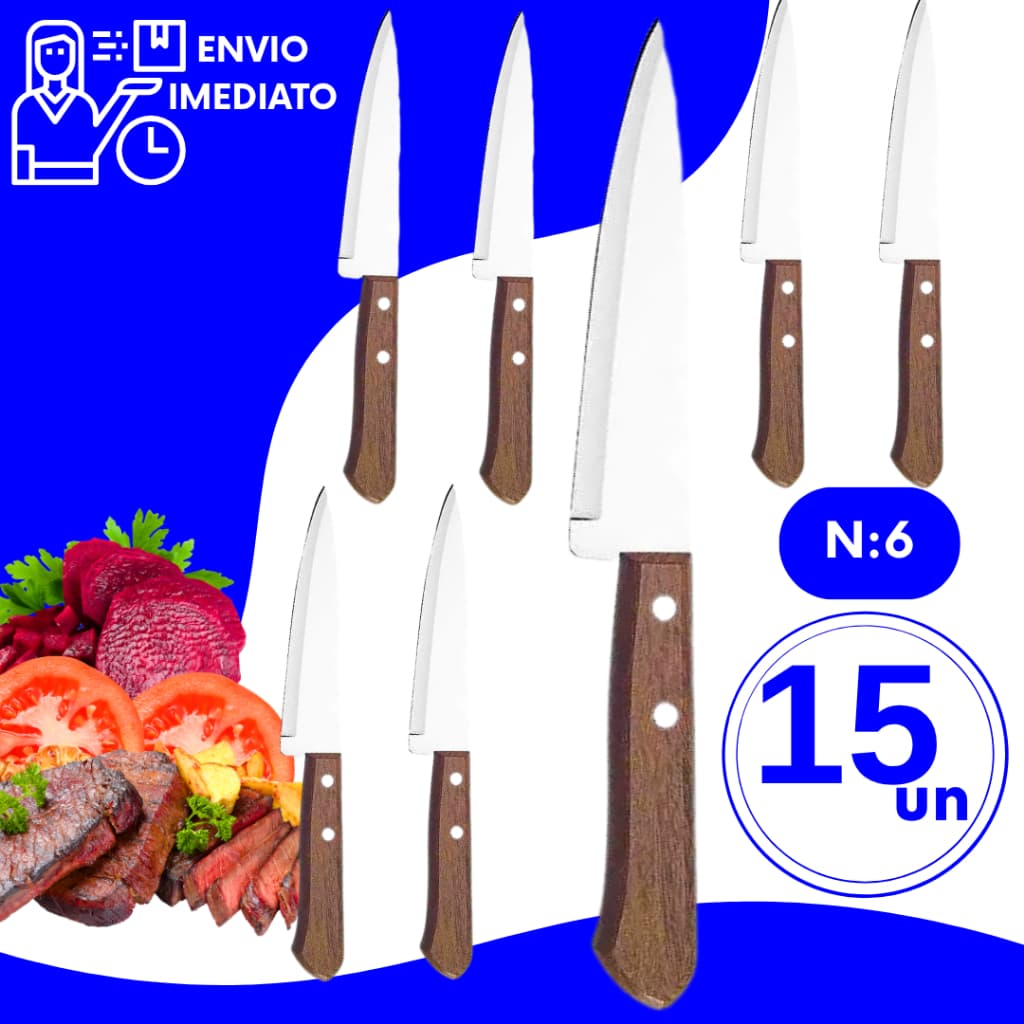 Jogo Faca Cozinha Aço Inox Cabo Desing Madeira 27,7cm de Carne Legumes Frutas Multiuso