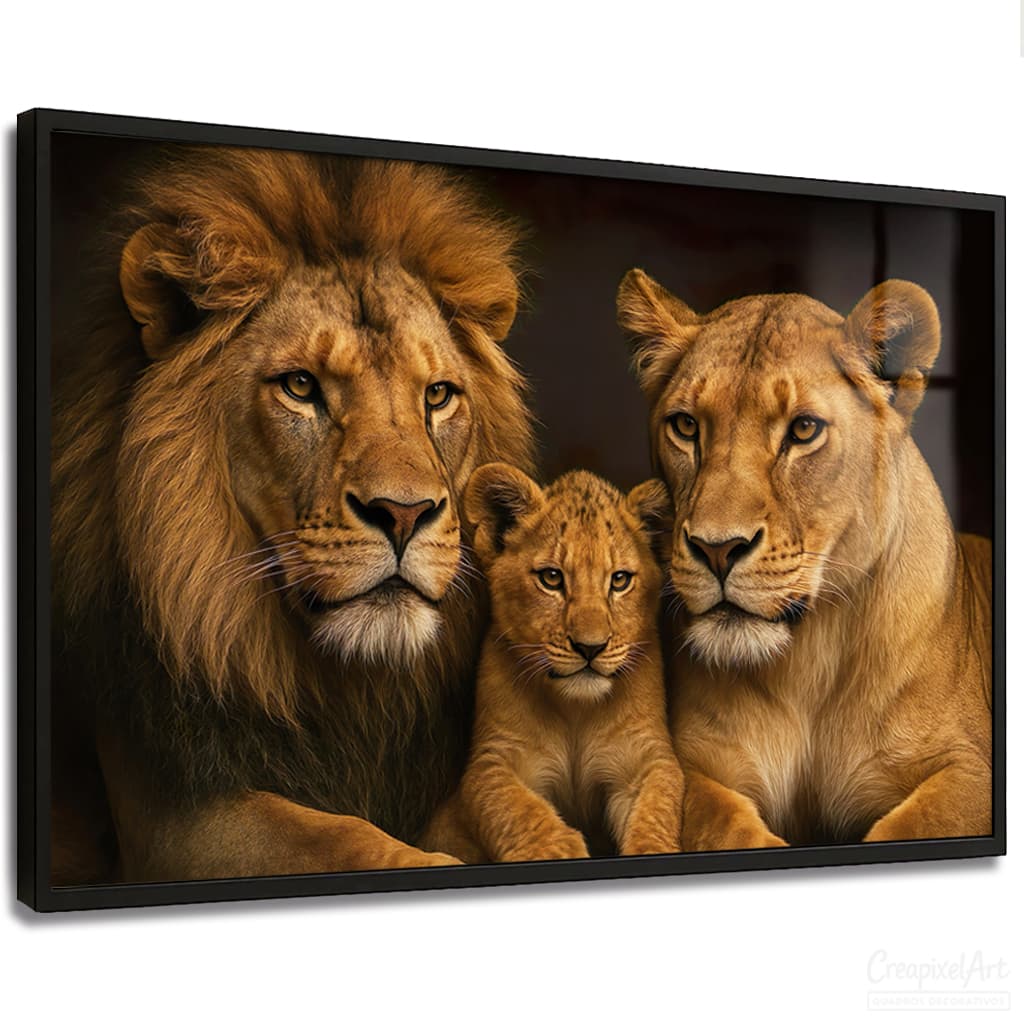 Quadro Decorativo Leões 1 Filho Fundo Preto Casa Sala Quarto Decoração Hall