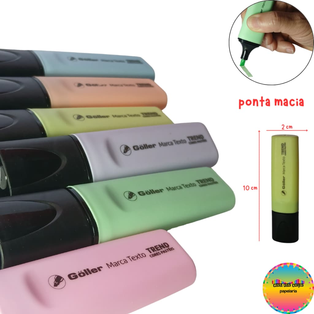 marca-texto pastel, marca-texto Goller, tons suaves, marca texto escolar, ponta chanfrada,