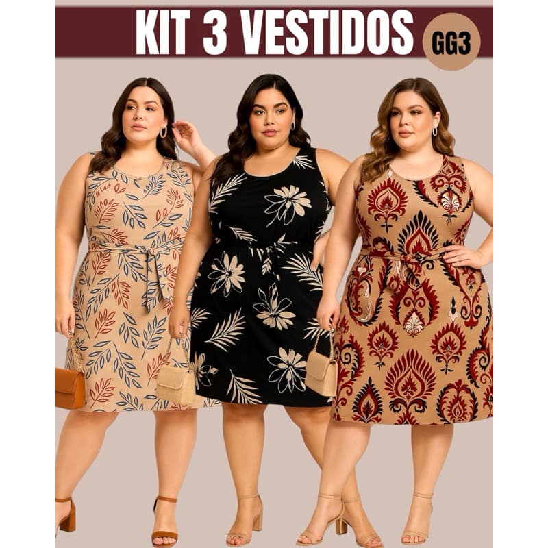 Kit 3 Vestido Feminino Plus Size G3 Regata Malha Fria  Casual Soltinho Leve Confortável