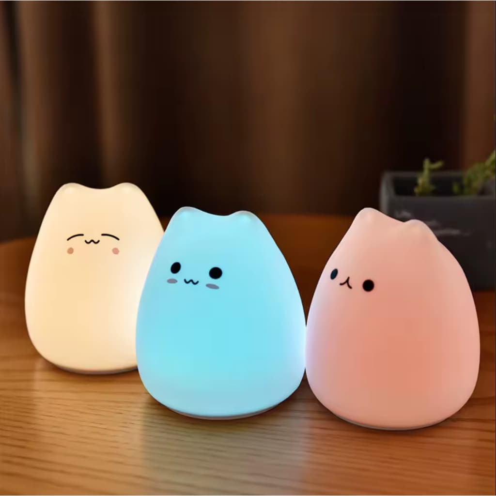 Luminária Gatinho LED Toque Muda de Cor RGB Silicone Macio Luz Noturna Infantil