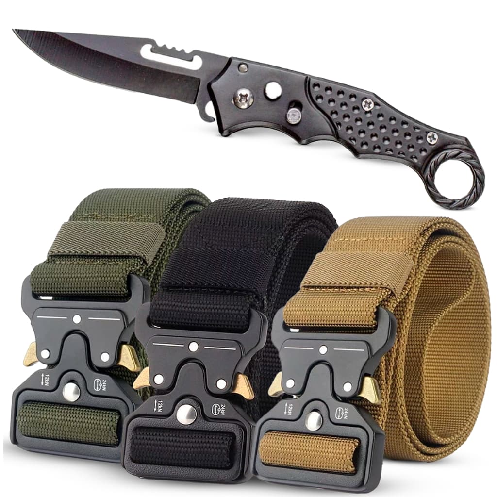 Kit Tático Completo: Cinto Militar Nylon + Canivete Resgate Dobrável Camping Trilha Acampamento