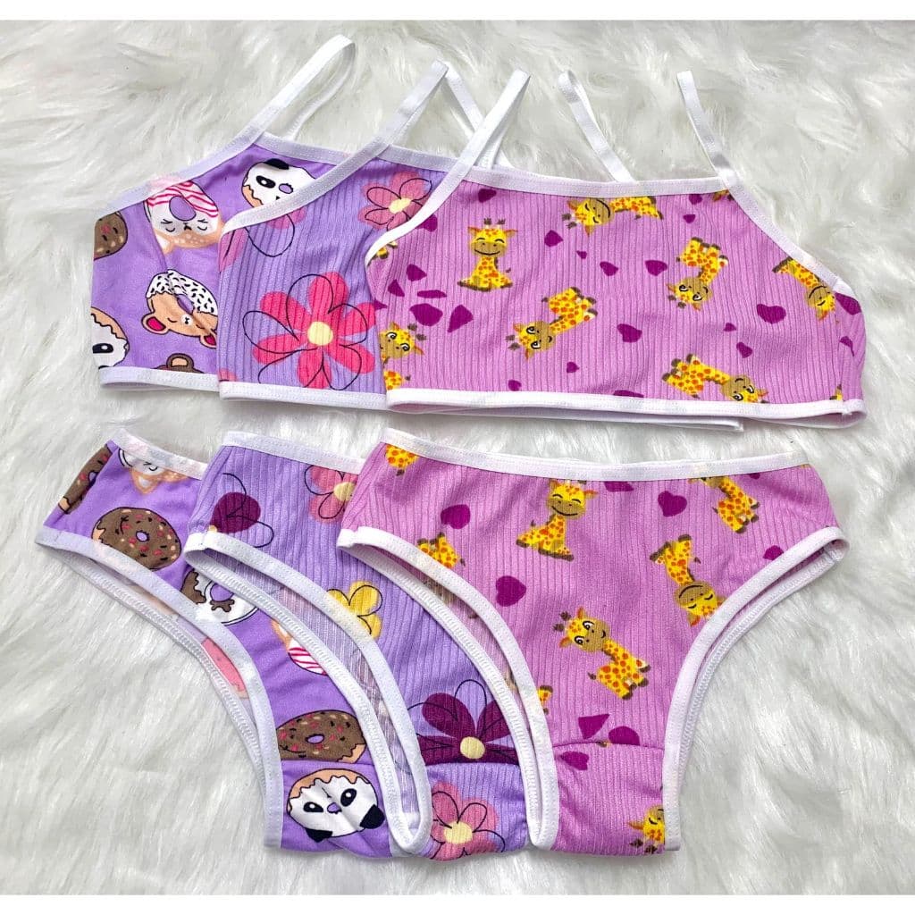 Kit 3 Conjuntos Infantis Menina Moça Top e Calcinha - Suede Estampado (1 a 12 anos)