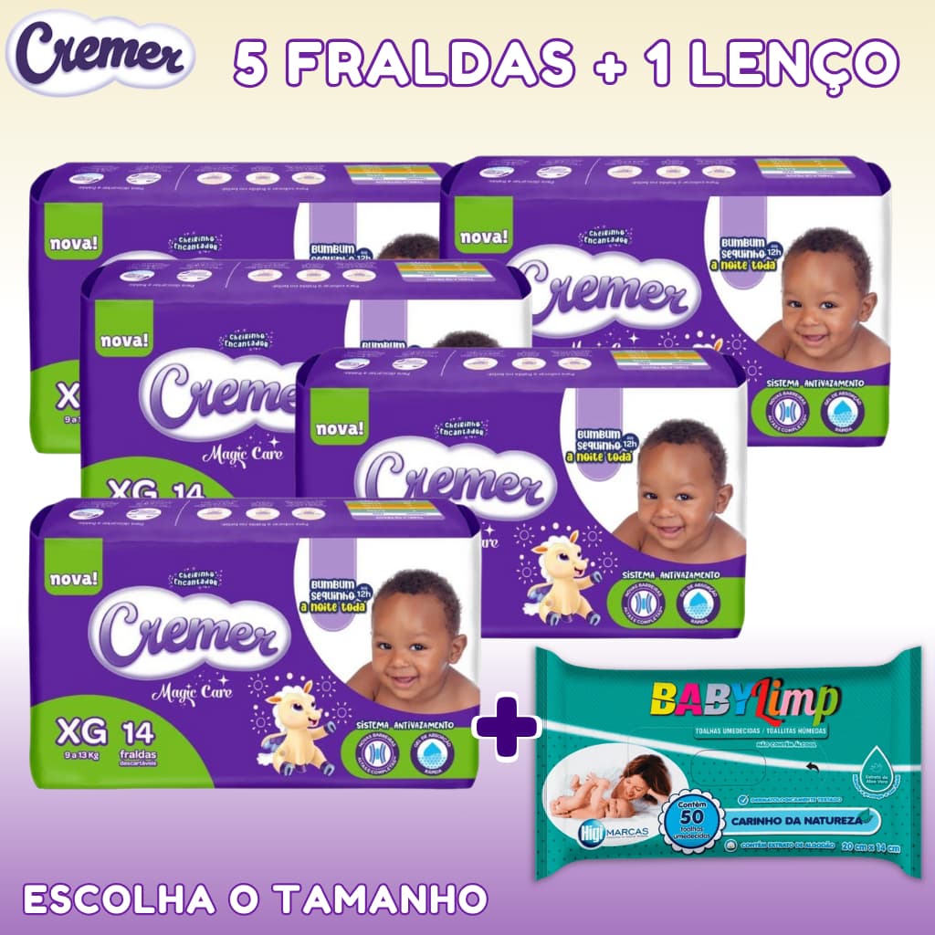Kit 5 Fralda Infantil Cremer Magic Care + Lenço Umedecido Baby