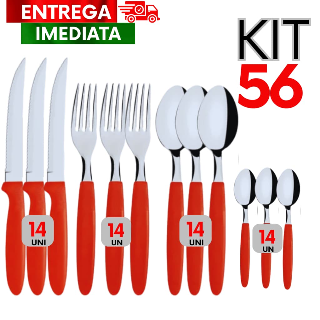Jogo 56 Talheres Linha Colorida Vermelho 14 Facas, 14 Garfos, 14 colheres e 14 colheres de sobremesa