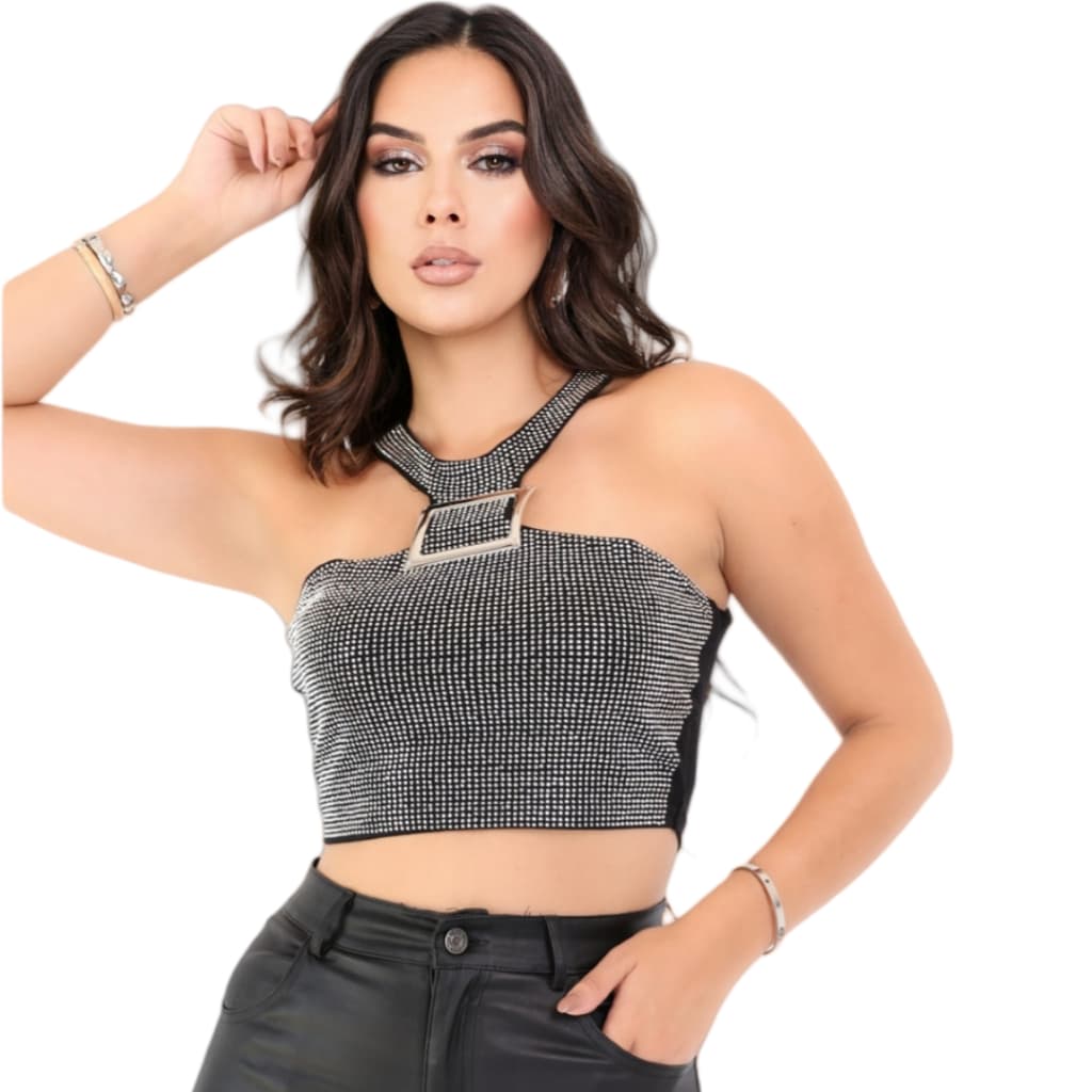 Cropped: Strass Brilhante + Fivela Quadrada |Sem alças, que deixa a silhueta perfeita