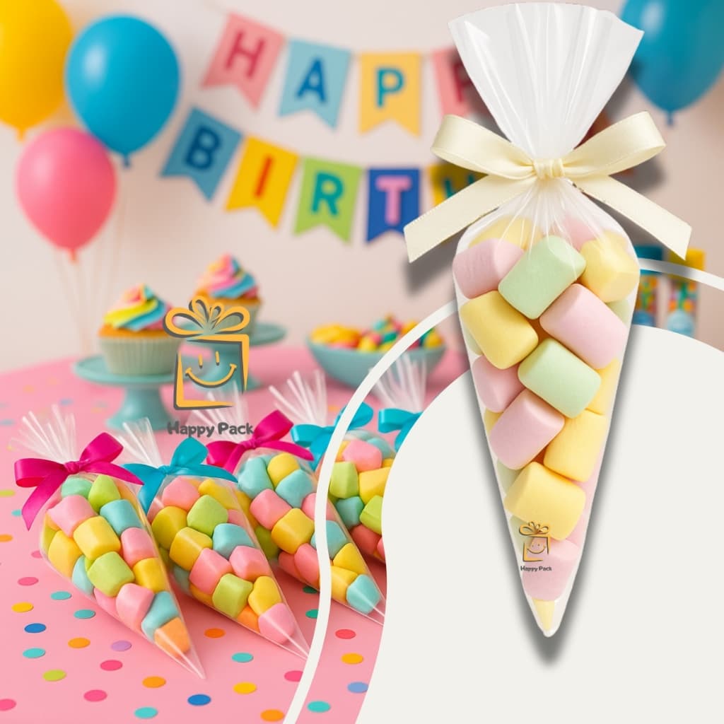 Kit 50-200 Saquinho Cone Plástico Transparente 10X15cm 14X23cm ou 18X30cm Saco Pipoca Doce Suspiro