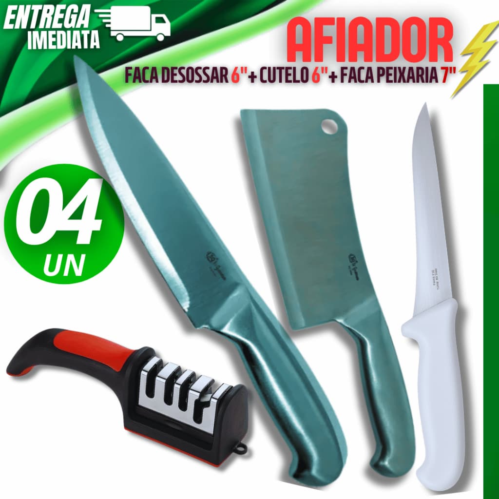 04 Peças Faca Peixaria 7" Cutelo 6" Linha Texas Faca Desossar 6" Afiador Amolador Facas Premium