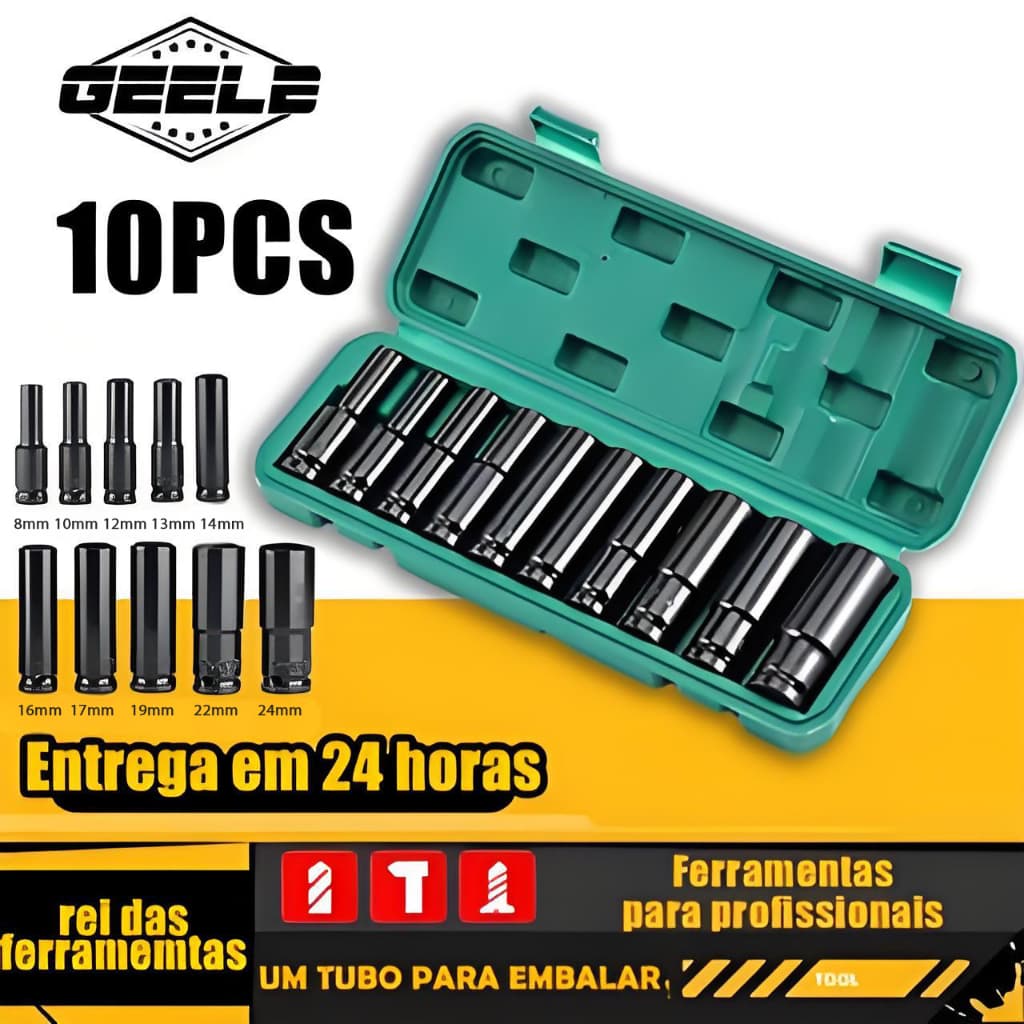 Kit Jogo Soquete Impacto Longo 1/2 10PCS 8 A 24mm GEELE