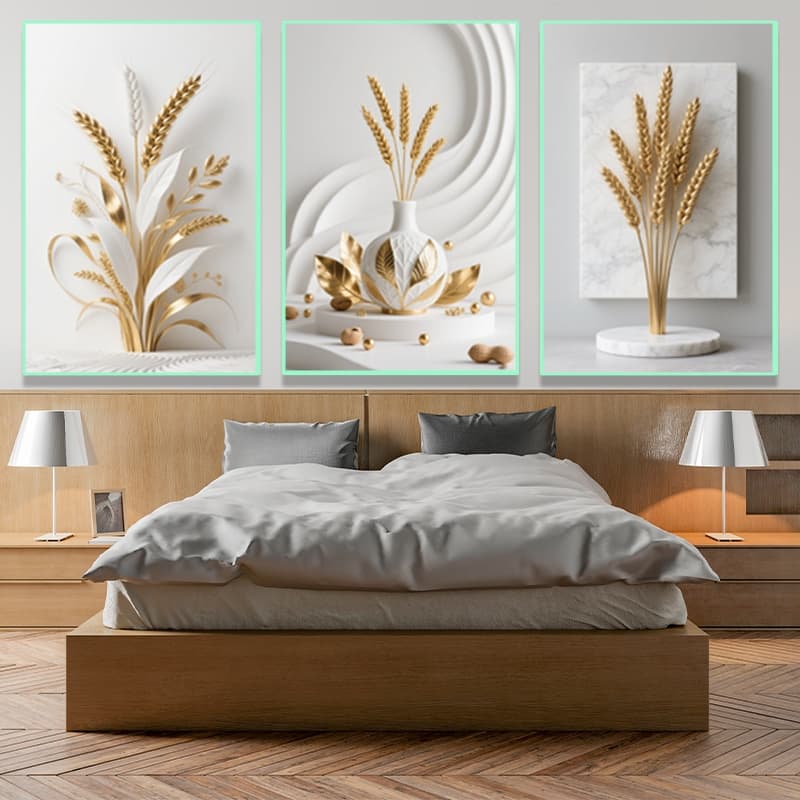 kit 3 quadros decorativos quadros luxos flores trigos dourados brilhantes gold para salas quartos