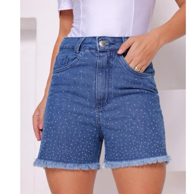 Short Jeans Feminino Strass Brilho Cintura Alta Estiloso Moda Blogueira