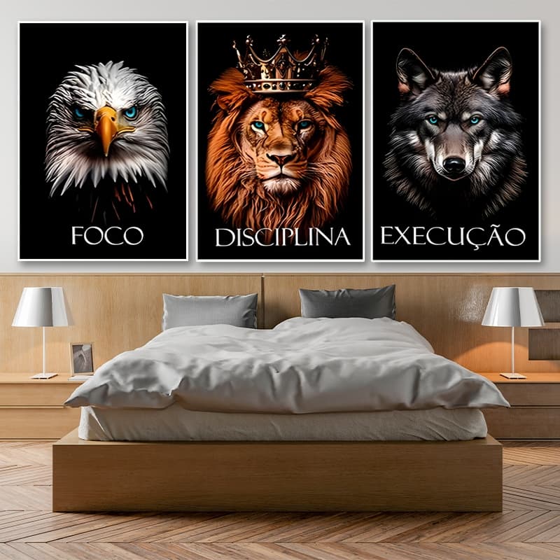 Quadros Decorativos - Motivacional Foco Execução Diciplina - Leão Aguia Lobo - Sala Quarto Hall - 3 Peças