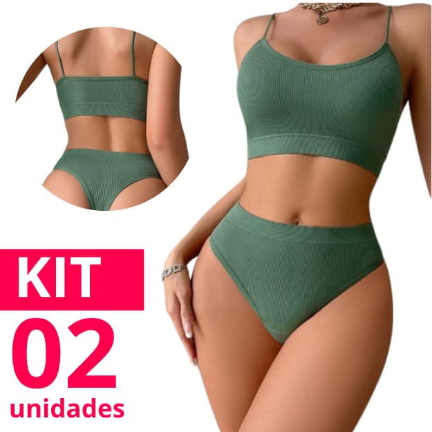 Kit 2 Conjuntos Feminino Canelado Calcinha e Top Cropped Tecido Premium Verão 2026