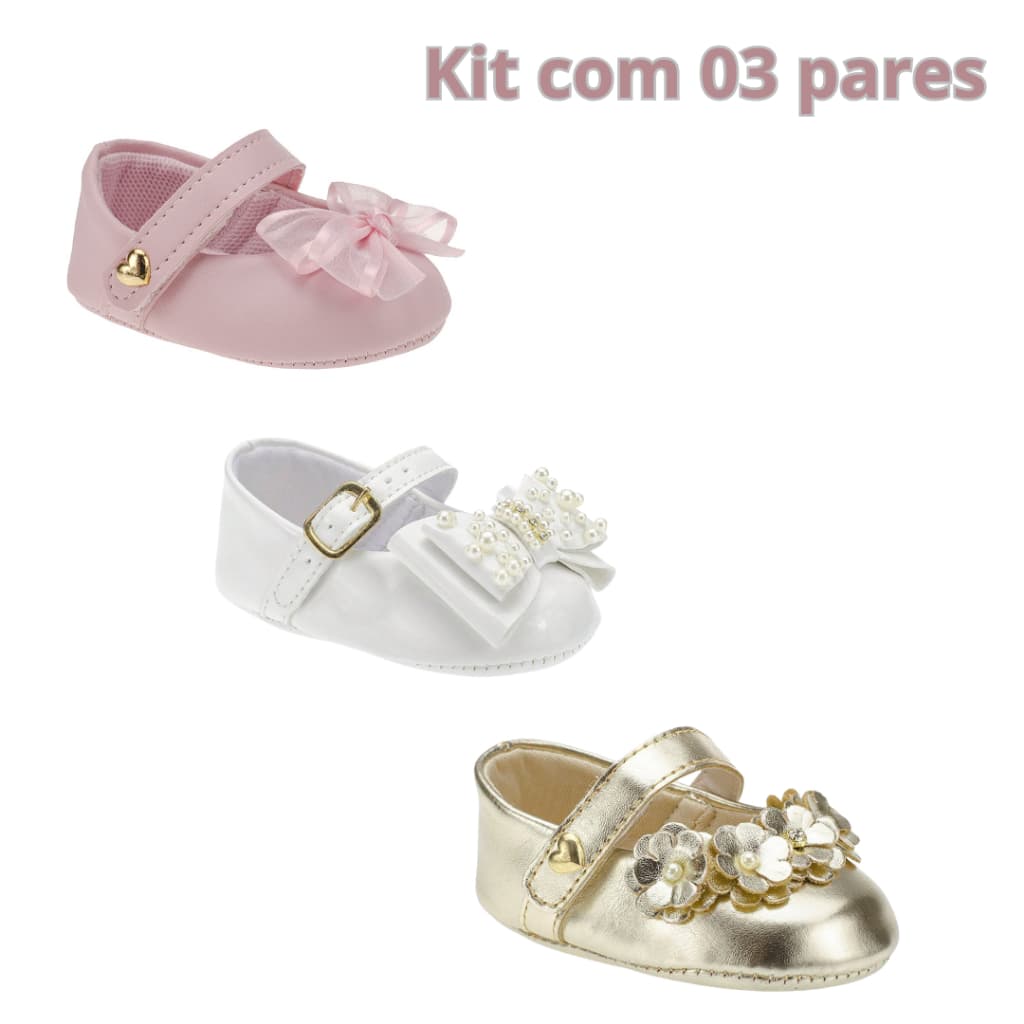 Sapatinho bebê menina kit com 03 pares de sapatilha super macia e confortável
