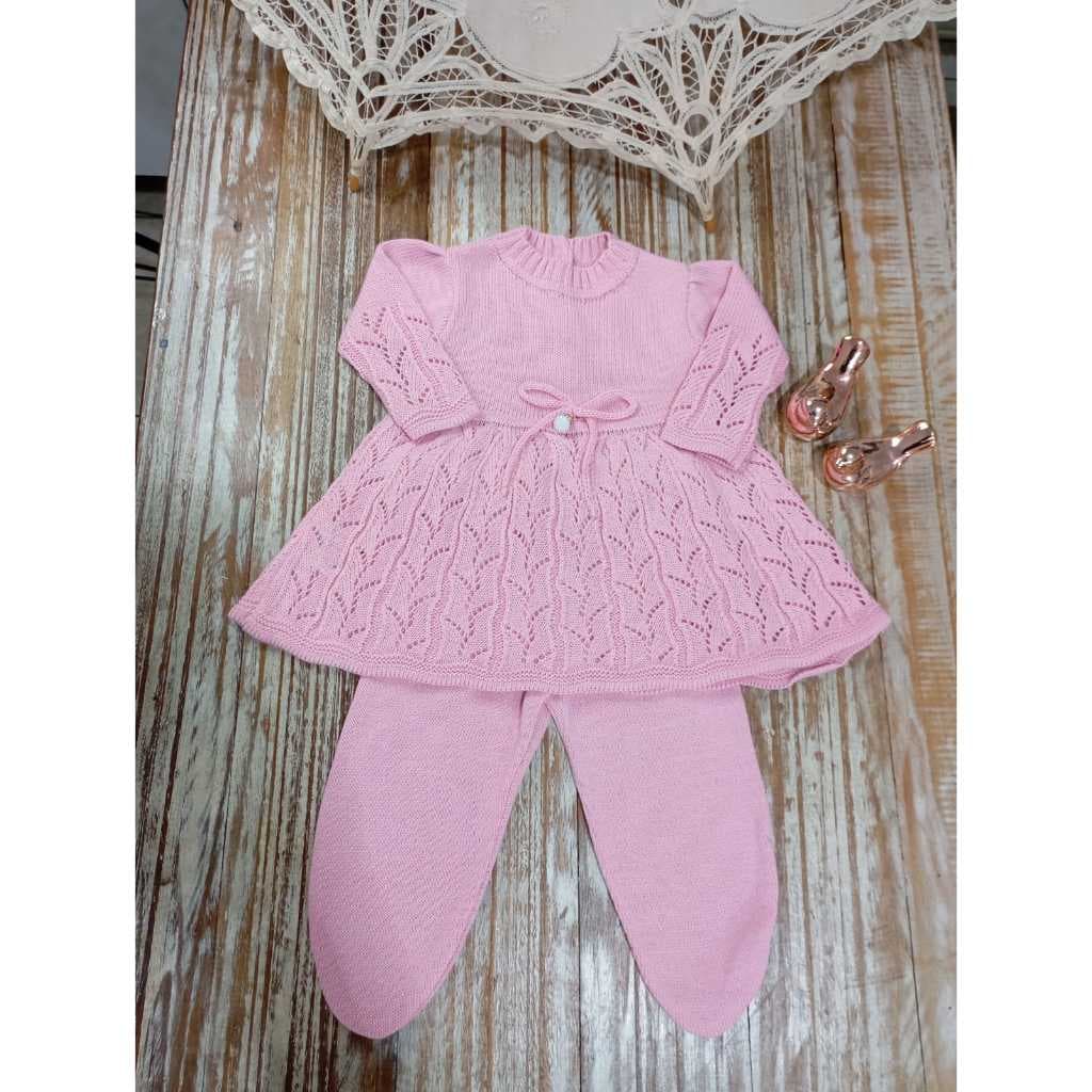 Conjunto Vestido e calça Cordão em Laço com Pérola e calça  Recém nascido, Bebê Menina RN