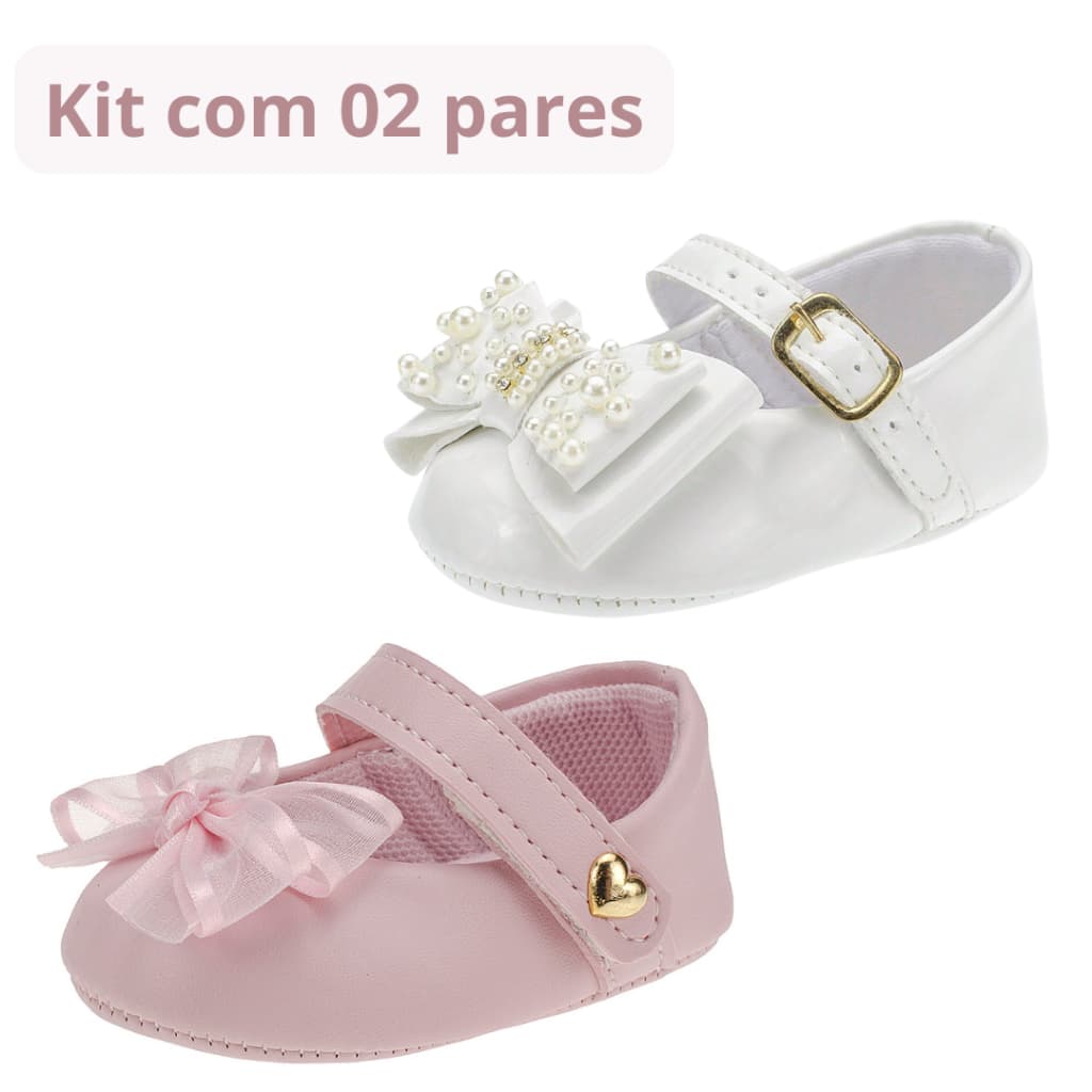 Sapatilha bebê menina batizado kit com 02 pares sapatinhos macio super confortável