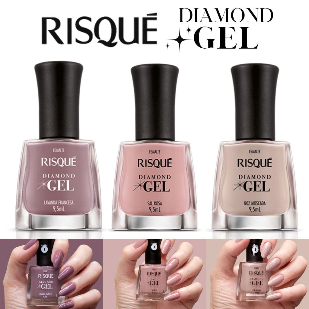 Kit Esmalte Diamond Gel Risque Rosa e Nude 3 Cores 9,5ml